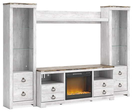 Willowton 4-Piece Entertainment Center with Electric Fireplace Huntsville Furniture Outlet