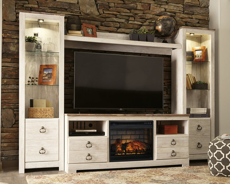 Willowton 4-Piece Entertainment Center with Electric Fireplace Huntsville Furniture Outlet