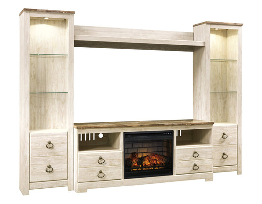 Willowton 4-Piece Entertainment Center with Electric Fireplace Huntsville Furniture Outlet