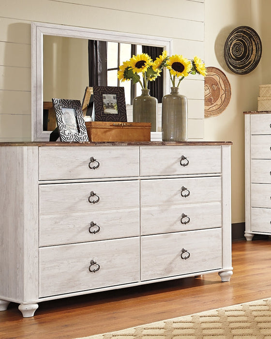 Willowton California King Panel Bed with Mirrored Dresser and 2 Nightstands Huntsville Furniture Outlet