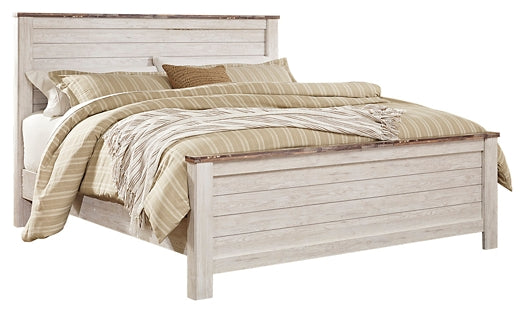 Willowton California King Panel Bed with Mirrored Dresser and 2 Nightstands Huntsville Furniture Outlet