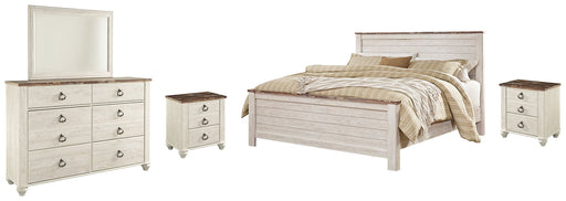 Willowton California King Panel Bed with Mirrored Dresser and 2 Nightstands Huntsville Furniture Outlet