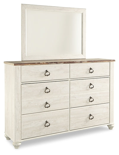 Willowton California King Panel Bed with Mirrored Dresser and 2 Nightstands Huntsville Furniture Outlet