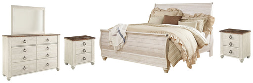 Willowton King Sleigh Bed with Mirrored Dresser and 2 Nightstands Huntsville Furniture Outlet