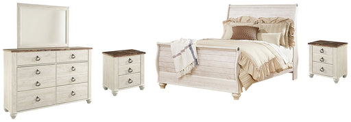 Willowton King Sleigh Bed with Mirrored Dresser and 2 Nightstands Huntsville Furniture Outlet