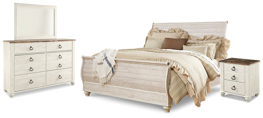 Willowton King Sleigh Bed with Mirrored Dresser and Nightstand Huntsville Furniture Outlet