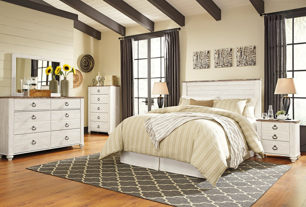 Willowton Queen/Full Panel Headboard with Mirrored Dresser, Chest and Nightstand Huntsville Furniture Outlet