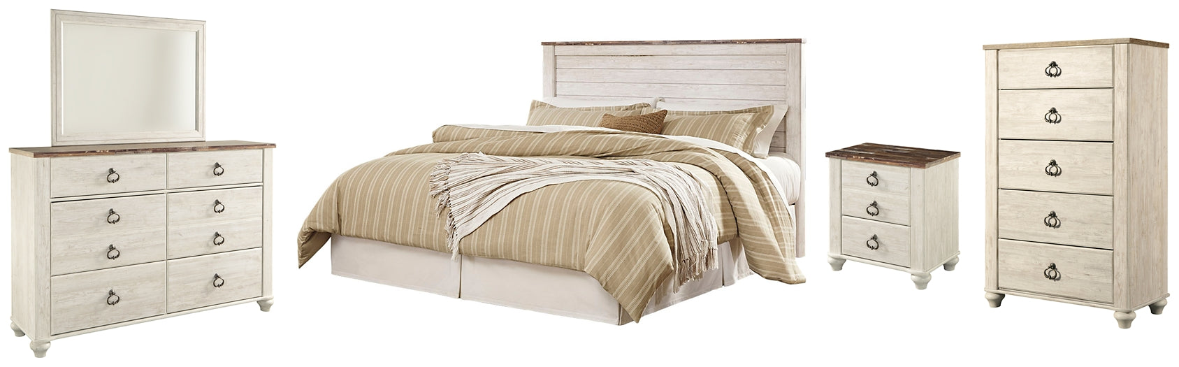 Willowton Queen/Full Panel Headboard with Mirrored Dresser, Chest and Nightstand Huntsville Furniture Outlet