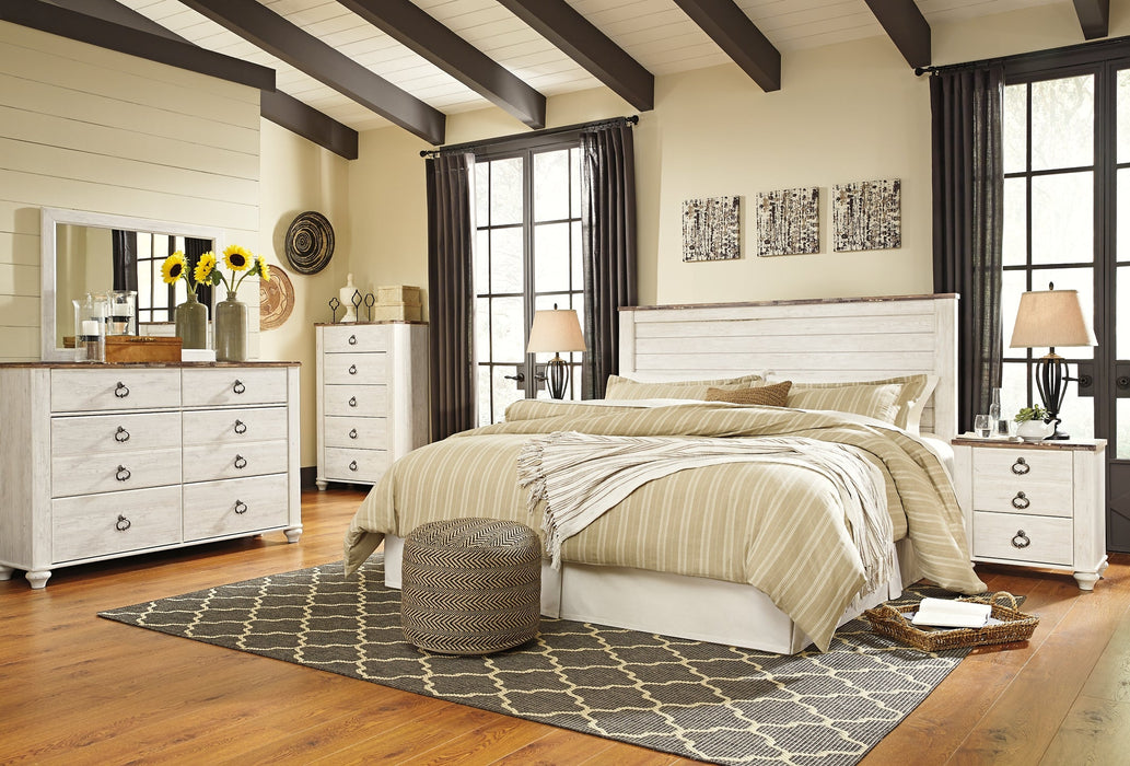 Willowton Queen/Full Panel Headboard with Mirrored Dresser, Chest and Nightstand Huntsville Furniture Outlet