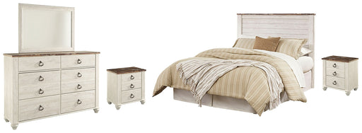 Willowton Queen/Full Panel Headboard with Mirrored Dresser and 2 Nightstands Huntsville Furniture Outlet