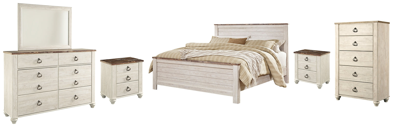 Willowton Queen Panel Bed with Mirrored Dresser, Chest and 2 Nightstands Huntsville Furniture Outlet