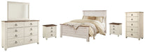 Willowton Queen Panel Bed with Mirrored Dresser, Chest and 2 Nightstands Huntsville Furniture Outlet