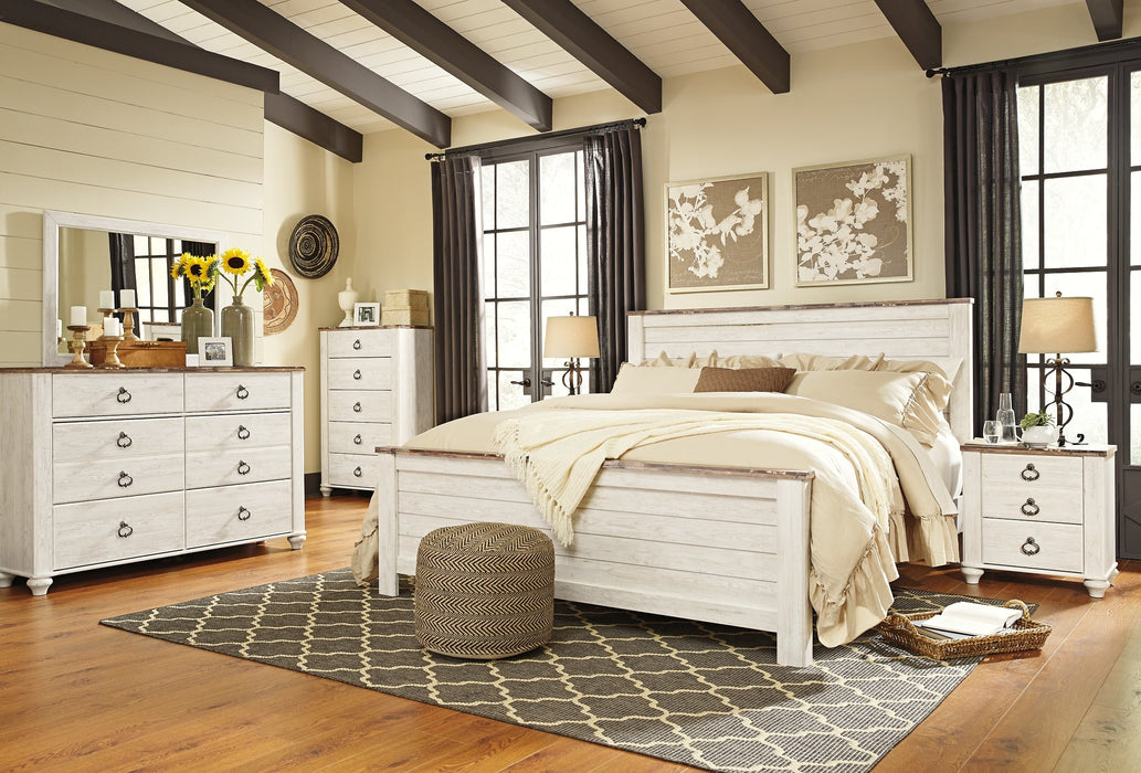 Willowton Queen Panel Bed with Mirrored Dresser, Chest and Nightstand Huntsville Furniture Outlet