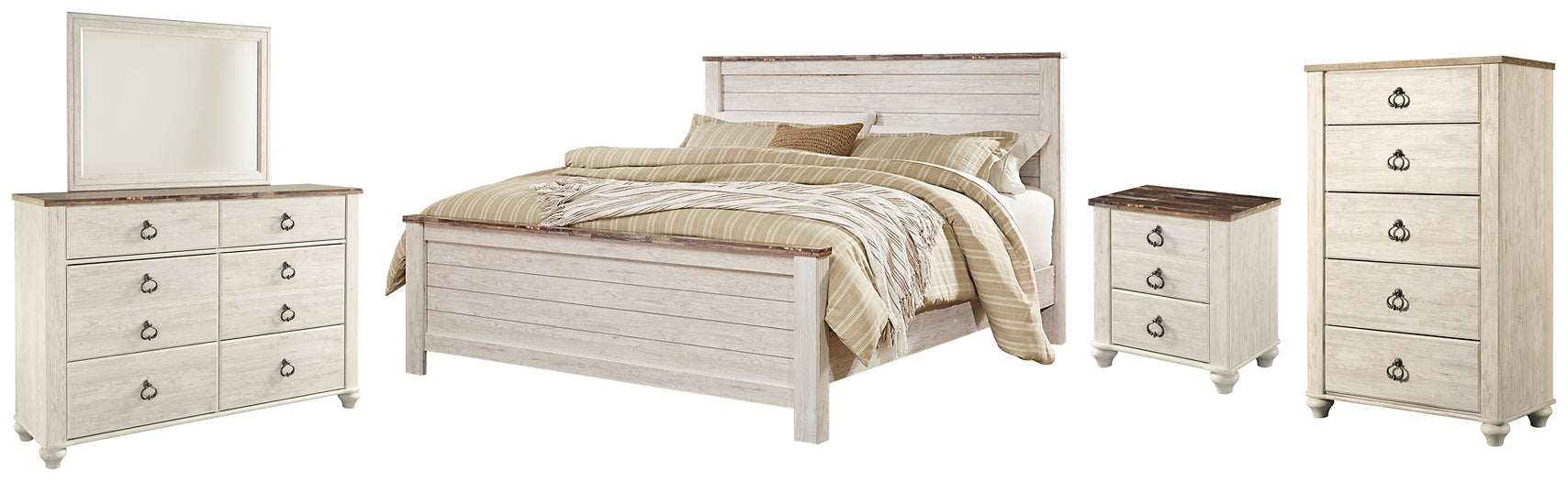 Willowton Queen Panel Bed with Mirrored Dresser, Chest and Nightstand Huntsville Furniture Outlet