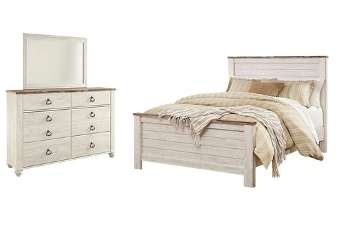 Willowton Queen Panel Bed with Mirrored Dresser Huntsville Furniture Outlet