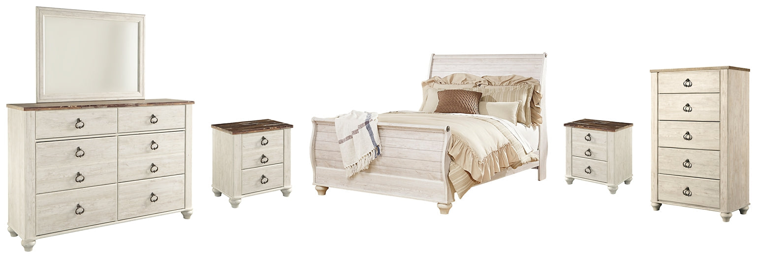 Willowton Queen Sleigh Bed with Mirrored Dresser, Chest and 2 Nightstands Huntsville Furniture Outlet