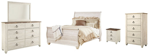 Willowton Queen Sleigh Bed with Mirrored Dresser, Chest and Nightstand Huntsville Furniture Outlet