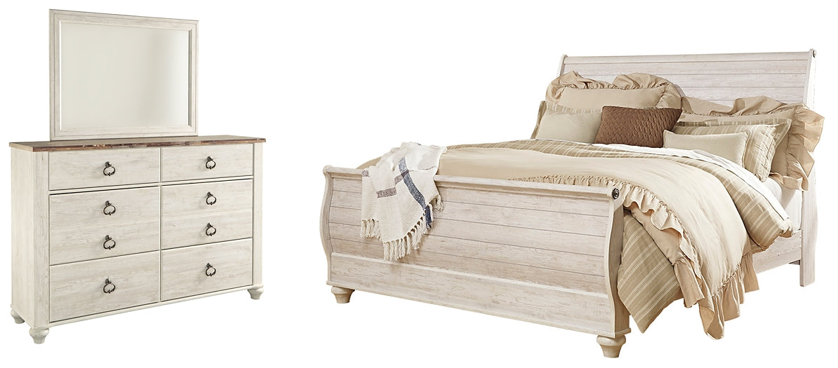 Willowton Queen Sleigh Bed with Mirrored Dresser Huntsville Furniture Outlet