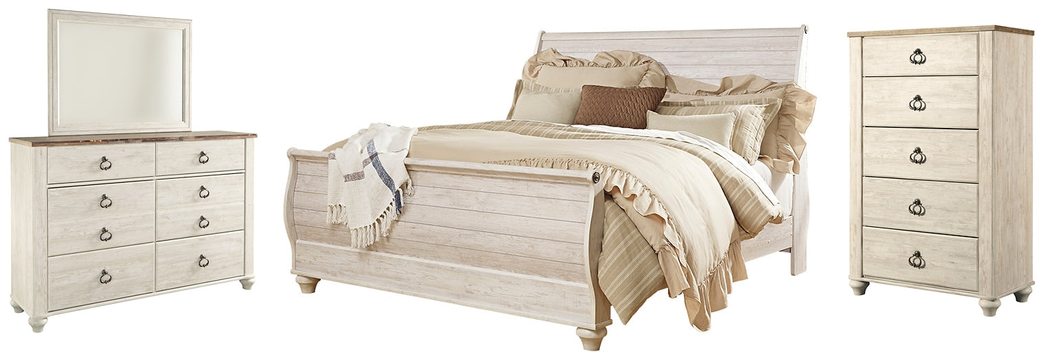 Willowton Queen Sleigh Bed with Mirrored Dresser and Chest Huntsville Furniture Outlet