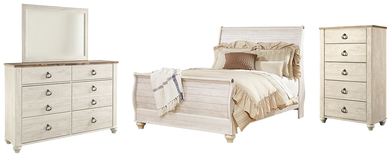 Willowton Queen Sleigh Bed with Mirrored Dresser and Chest Huntsville Furniture Outlet