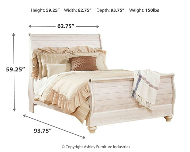 Willowton Queen Sleigh Bed with Mirrored Dresser and Chest Huntsville Furniture Outlet