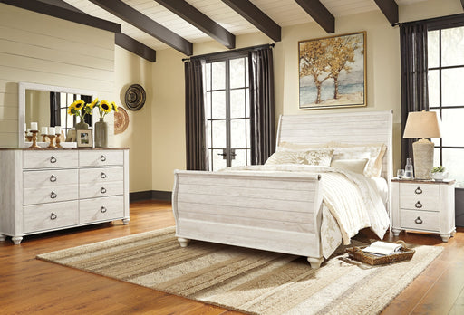 Willowton Queen Sleigh Bed with Mirrored Dresser and Nightstand Huntsville Furniture Outlet