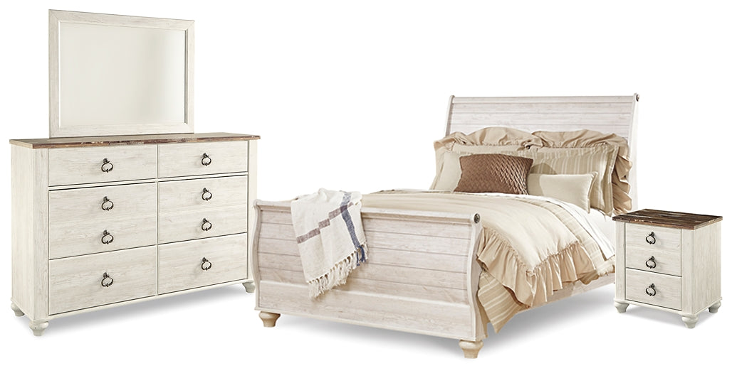 Willowton Queen Sleigh Bed with Mirrored Dresser and Nightstand Huntsville Furniture Outlet