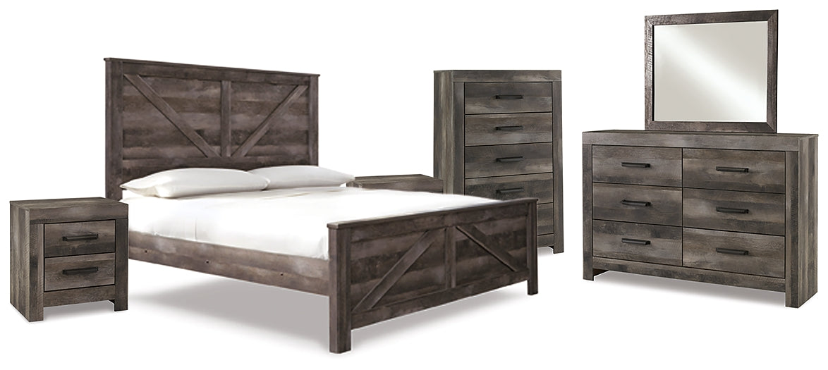 Wynnlow King Crossbuck Panel Bed with Mirrored Dresser, Chest and 2 Nightstands Huntsville Furniture Outlet