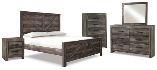 Wynnlow King Crossbuck Panel Bed with Mirrored Dresser, Chest and Nightstand Huntsville Furniture Outlet