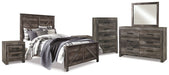 Wynnlow Queen Crossbuck Panel Bed with Mirrored Dresser, Chest and 2 Nightstands Huntsville Furniture Outlet