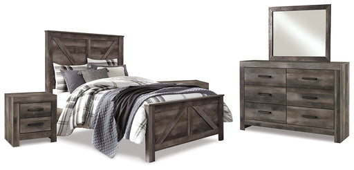 Wynnlow Queen Crossbuck Panel Bed with Mirrored Dresser and 2 Nightstands Huntsville Furniture Outlet