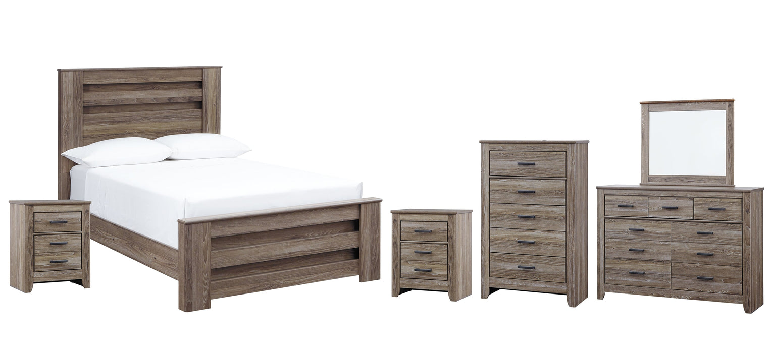 Zelen Full Panel Bed with Mirrored Dresser, Chest and 2 Nightstands Huntsville Furniture Outlet