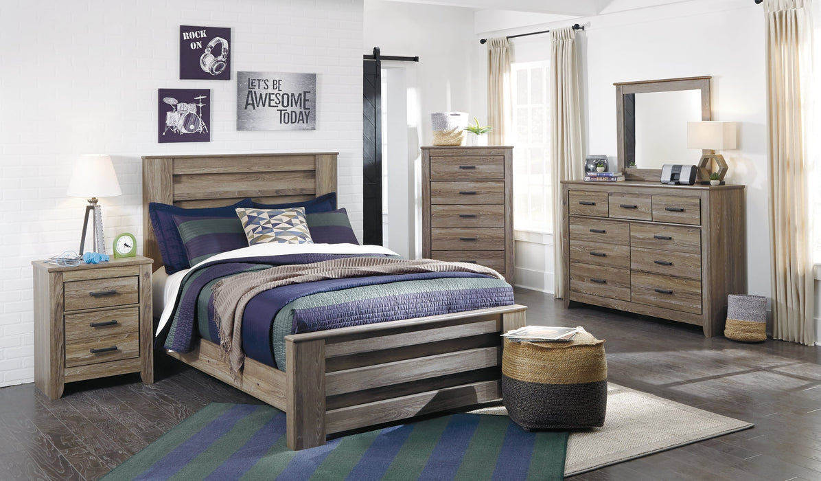 Zelen Full Panel Bed with Mirrored Dresser, Chest and 2 Nightstands Huntsville Furniture Outlet