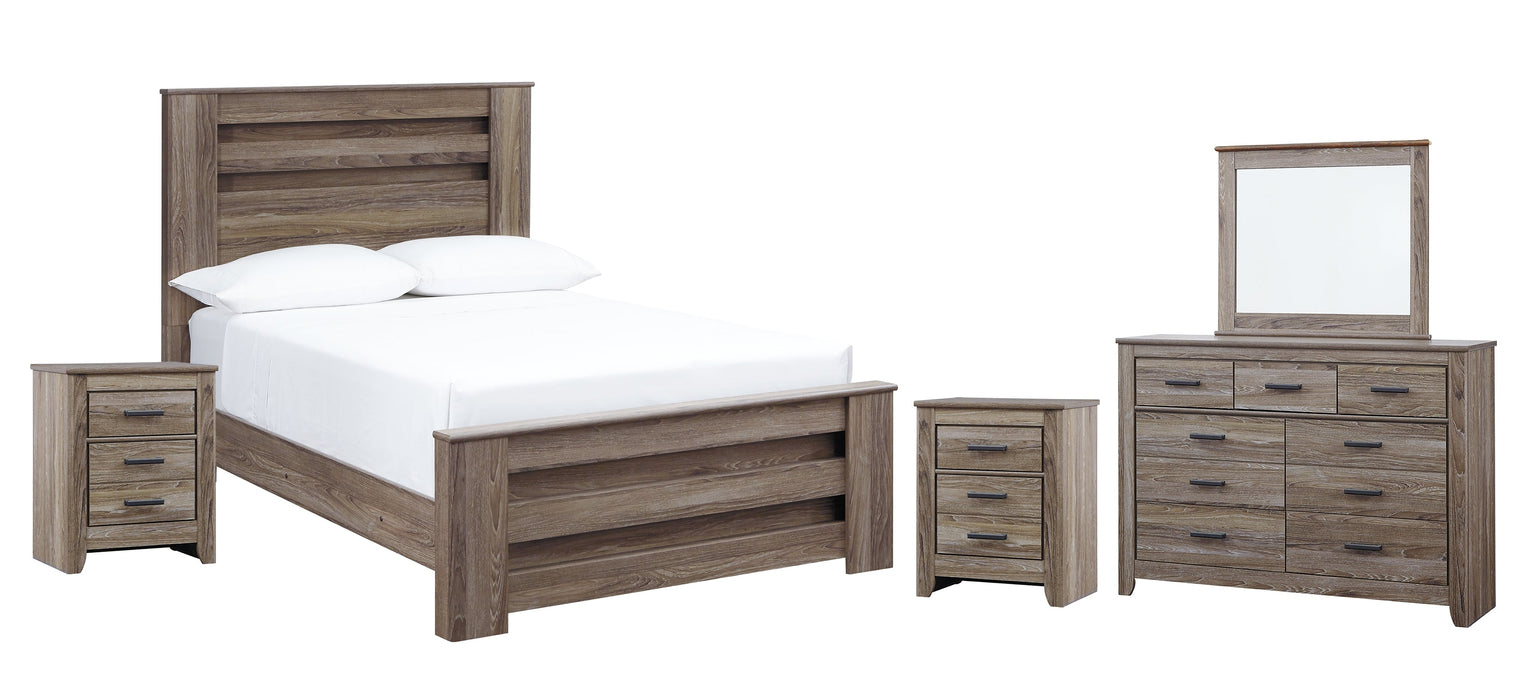 Zelen Full Panel Bed with Mirrored Dresser and 2 Nightstands Huntsville Furniture Outlet