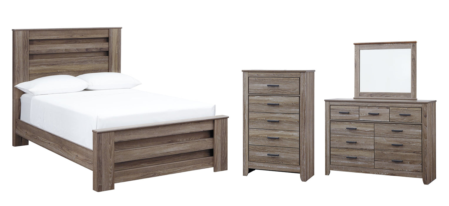 Zelen Full Panel Bed with Mirrored Dresser and Chest Huntsville Furniture Outlet