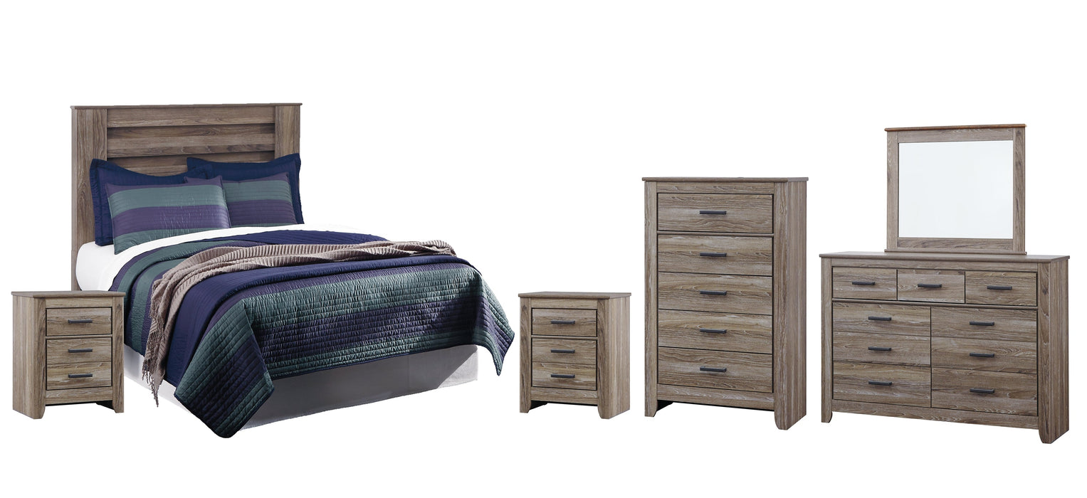 Zelen Full Panel Headboard with Mirrored Dresser, Chest and 2 Nightstands Huntsville Furniture Outlet