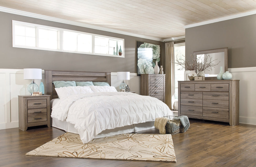 Zelen King/California King Panel Headboard with Mirrored Dresser, Chest and 2 Nightstands Huntsville Furniture Outlet