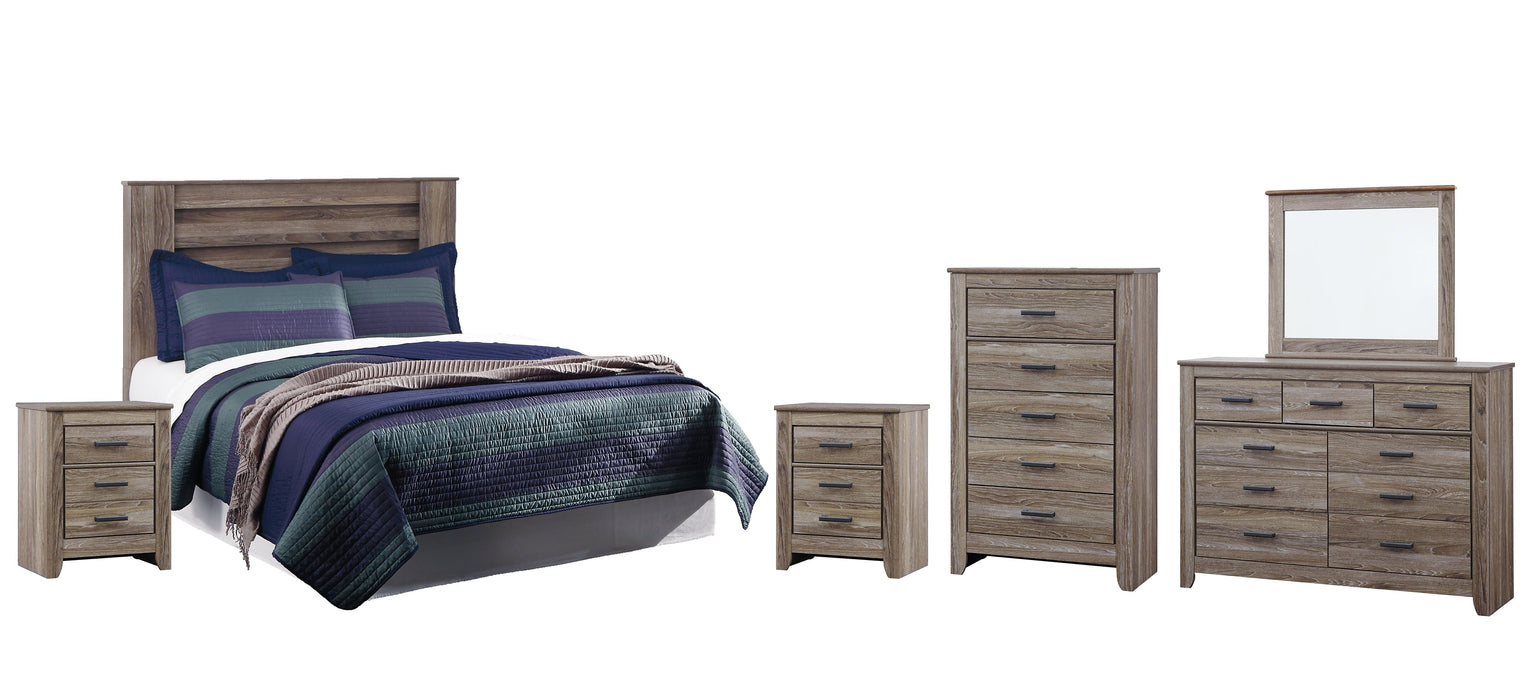 Zelen King/California King Panel Headboard with Mirrored Dresser, Chest and 2 Nightstands Huntsville Furniture Outlet