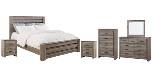 Zelen King Panel Bed with Mirrored Dresser, Chest and 2 Nightstands Huntsville Furniture Outlet