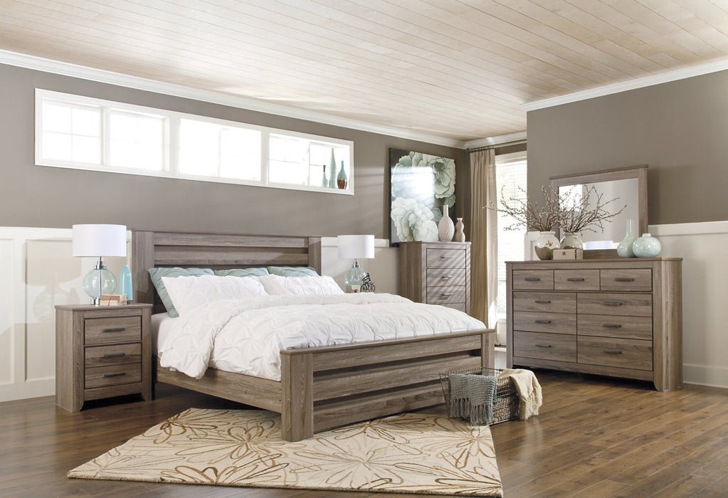 Zelen King Panel Bed with Mirrored Dresser, Chest and 2 Nightstands Huntsville Furniture Outlet