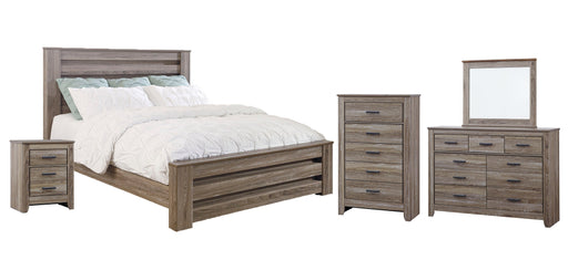 Zelen King Panel Bed with Mirrored Dresser, Chest and 2 Nightstands Huntsville Furniture Outlet