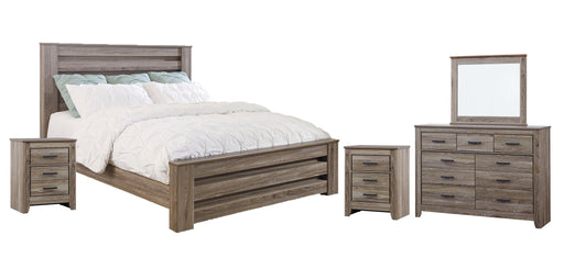 Zelen King Panel Bed with Mirrored Dresser and 2 Nightstands Huntsville Furniture Outlet