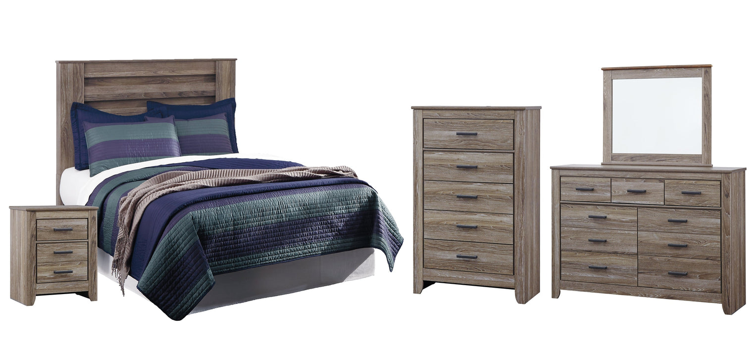 Zelen Queen/Full Panel Headboard with Mirrored Dresser, Chest and Nightstand Huntsville Furniture Outlet