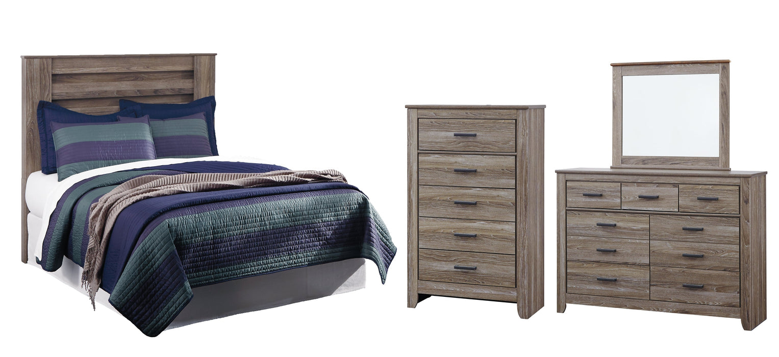 Zelen Queen/Full Panel Headboard with Mirrored Dresser, Chest and Nightstand Huntsville Furniture Outlet