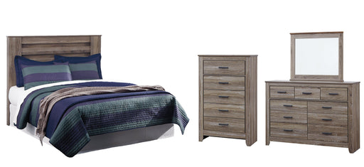 Zelen Queen/Full Panel Headboard with Mirrored Dresser and Chest Huntsville Furniture Outlet