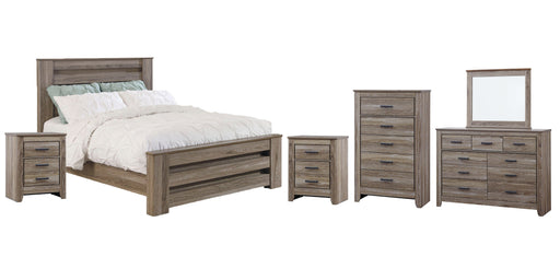 Zelen Queen Panel Bed with Mirrored Dresser, Chest and 2 Nightstands Huntsville Furniture Outlet