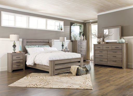 Zelen Queen Panel Bed with Mirrored Dresser, Chest and Nightstand Huntsville Furniture Outlet