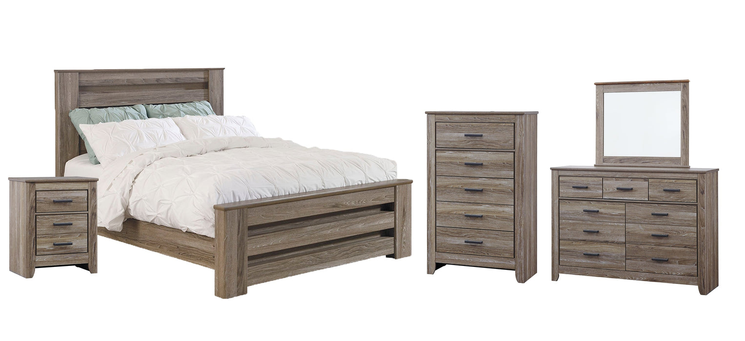 Zelen Queen Panel Bed with Mirrored Dresser, Chest and Nightstand Huntsville Furniture Outlet