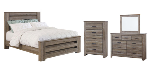 Zelen Queen Panel Bed with Mirrored Dresser and Chest Huntsville Furniture Outlet