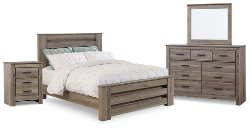 Zelen Queen Panel Bed with Mirrored Dresser and Nightstand Huntsville Furniture Outlet